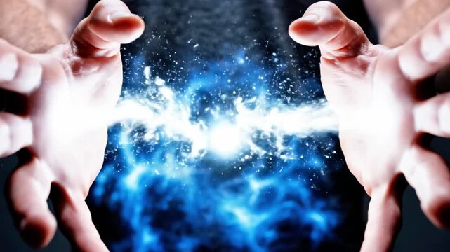 A person's outstretched hands cradle a vibrant blue and white glowing orb