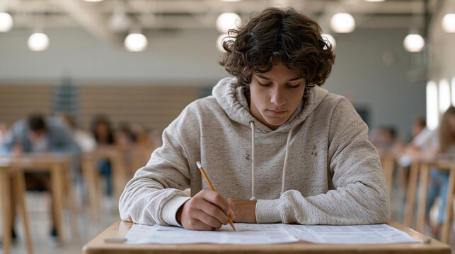 Standardized test student gripping pencil above answer sheet in gymnasium converted to testing hall, rows of individual desks extending into distance, anxiety evident in hunched