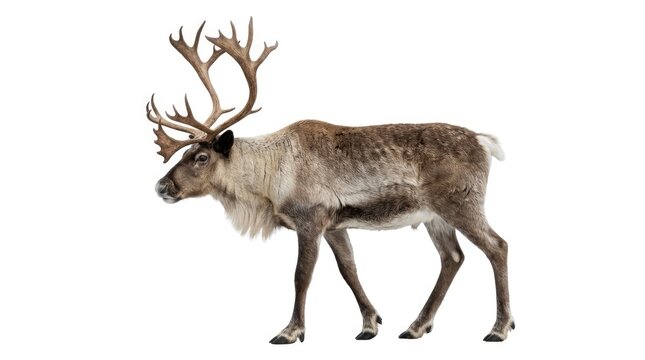 A magnificent reindeer with large antlers stands tall, showcasing its impressive rack. The reindeer is captured in a side profile view against a clean white background.
