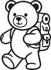 Fototapeta premium A charming cartoon teddy bear, adorned with a backpack, embarks on an adventurous journey, captured in a simple, playful illustration.