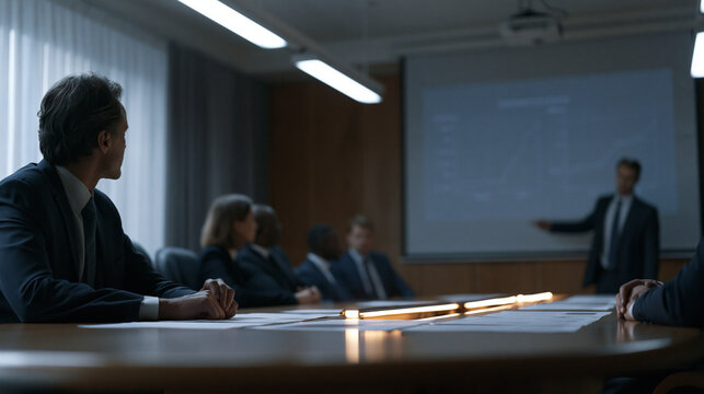 Data ethics board seated around an oval table in a government building, reviewing printed AI bias audit findings under fluorescent lighting, a moderator presenting disparity