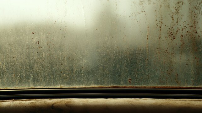 Aged, dirty glass pane with rust streaks, blurred background of greenery