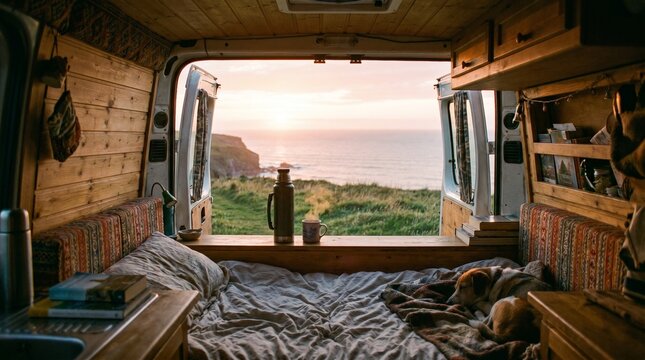 Cozy camper van interior with a sleeping dog and view of the ocean at sunset