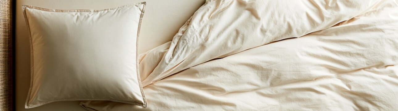 A neatly made bed with a cream pillow and rumpled duvet