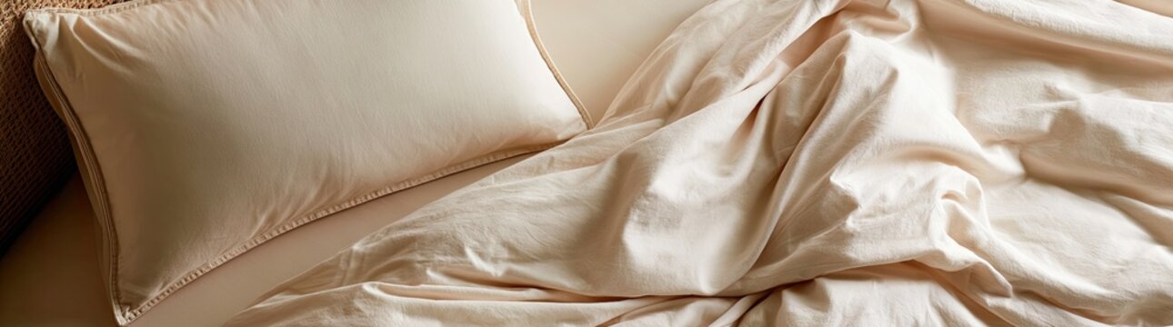 Close-up of a neatly made bed with smooth, light-colored fabric