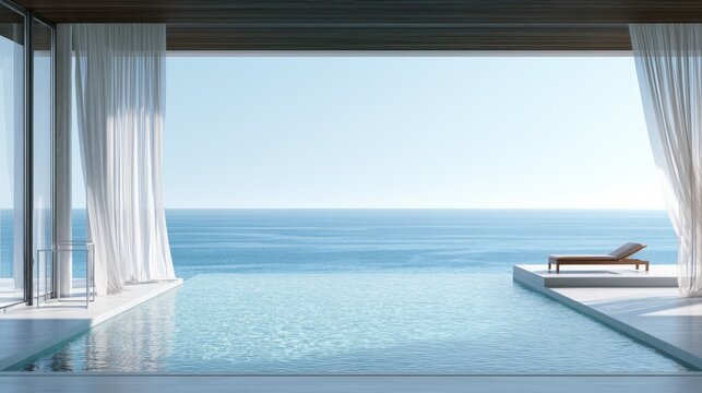 Infinity pool at luxury residence blends with vast blue ocean and sky