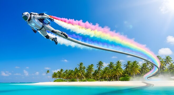 Jetpack Flyer Soaring over a Tropical Beach Paradise