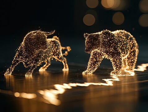 Glowing particles form a bull and bear facing each other over a bright line graph