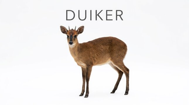 A duiker stands facing forward, a medium-sized antelope native to sub-Saharan Africa, with a brown coat and short horns