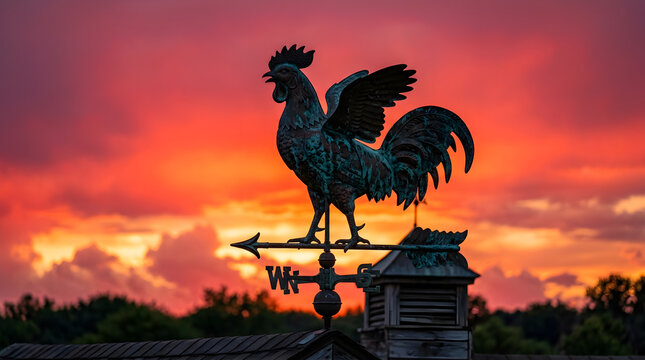 Macro Copper Weather Vane Rooster Silhouette Against Crimson Sunset Sky with Green Patina