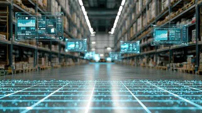 Futuristic warehouse with glowing data overlays and holographic displays