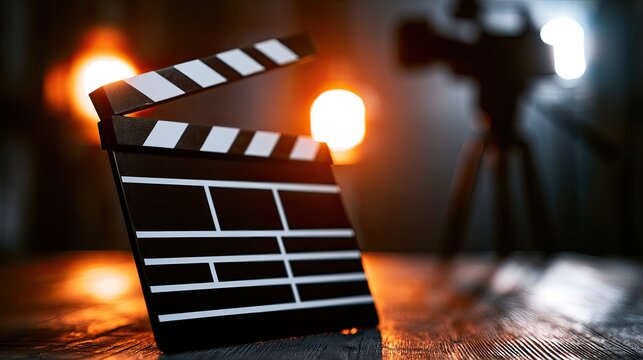Slate and camera set for filmmaking, with warm, blurred background lights