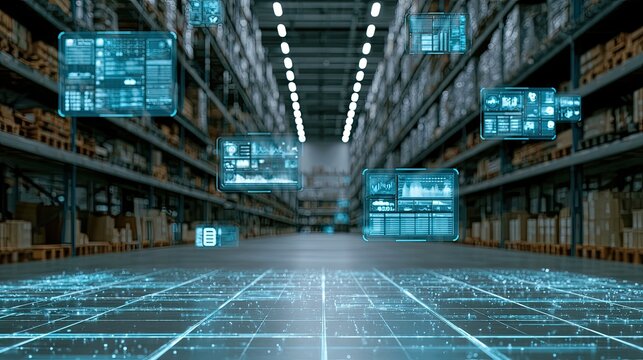 Futuristic warehouse with data visualizations and glowing grid overlay