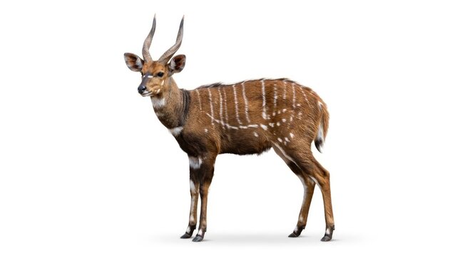 A male bushbuck antelope with brown fur and white stripes standing on a white background