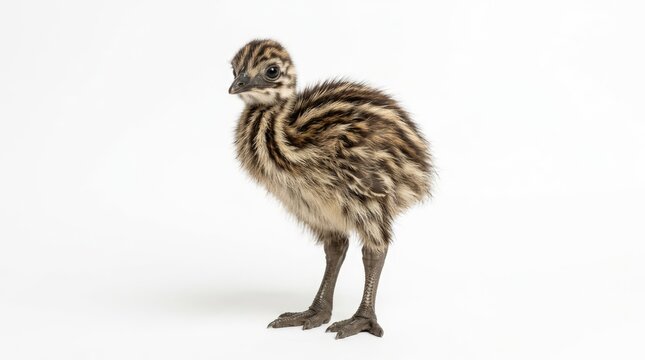 A fluffy baby emu chick with brown and black stripes stands on its thin legs, looking curious