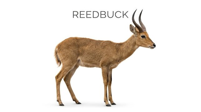 A standing reedbuck with a name tag above its head