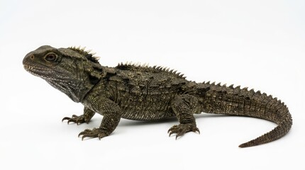 Fototapeta premium A reptile with scales and spikes on its back stands on a white background. The reptile is facing left and has rough textured skin. Its eyes are dark and it has a long tail