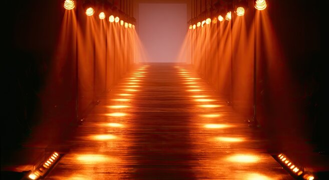 Illuminated runway with dramatic orange lighting, beckoning into a hazy void
