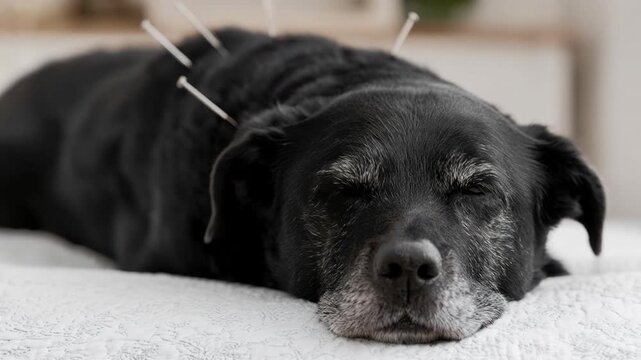 Close-up of relaxed black senior dog lying on bed while receiving acupuncture treatment for health and wellness therapy at home or clinic