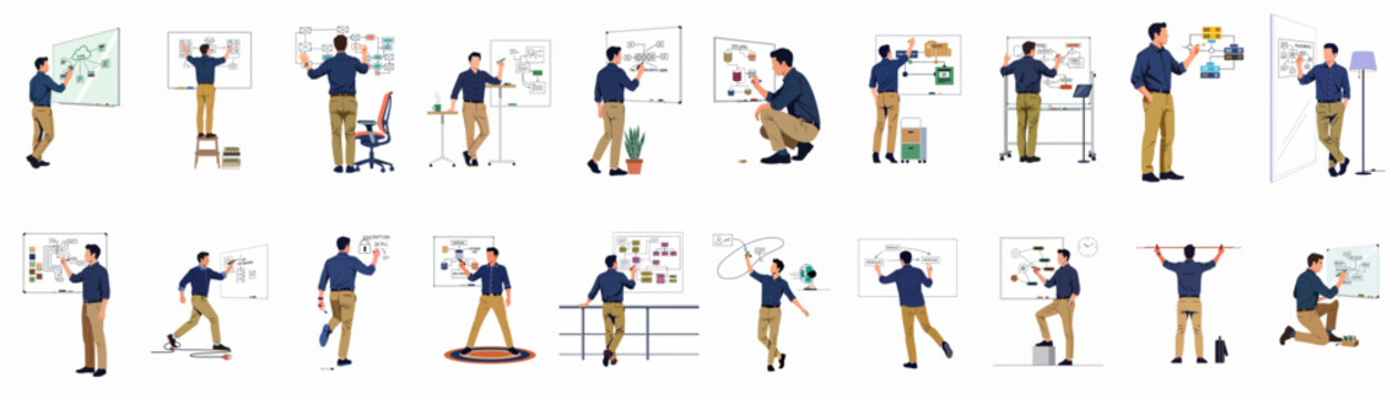 Collection of illustrations featuring a male professional presenting technical diagrams and system architectures on whiteboards in various poses.