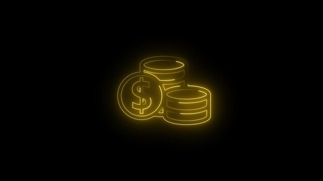Glowing neon dollar coin stack icon animation for financial growth, business finance and money management concepts