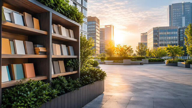 Outdoor public library in modern city plaza at sunset