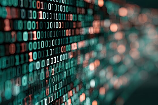 Glowing binary code streams, teal and orange, with soft bokeh background lights
