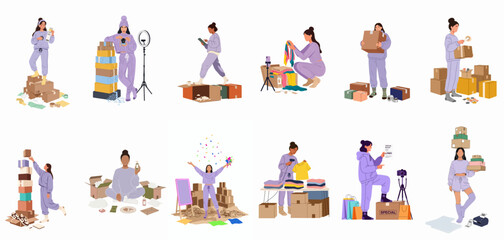 Fototapeta premium Vector illustrations of female entrepreneurs managing e-commerce businesses, packing boxes, taking product photos, and shipping orders for online retail success.
