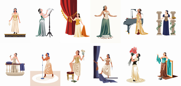 Collection of flat vector illustrations featuring a female opera singer in various theatrical poses, costumes, and classic stage settings.