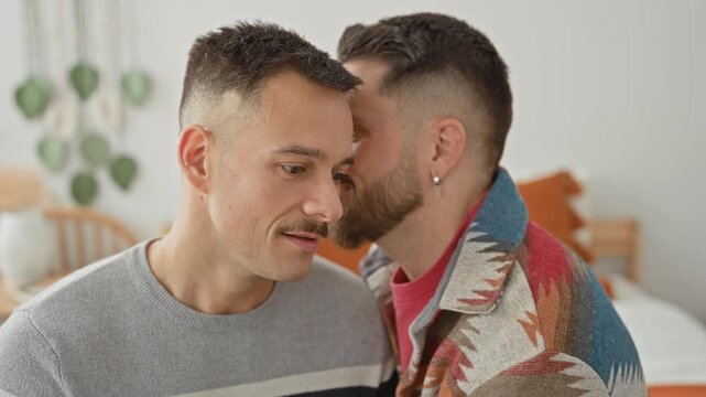 Man whispering into partner's ear while leaning close and smiling on bed in building, visible earring and patterned jacket; tender intimacy.