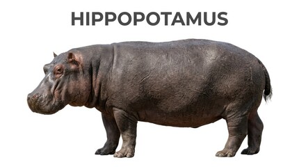 Fototapeta premium A large hippopotamus standing with its mouth closed and head turned slightly to the left. The word Hippopotamus is displayed above the animal