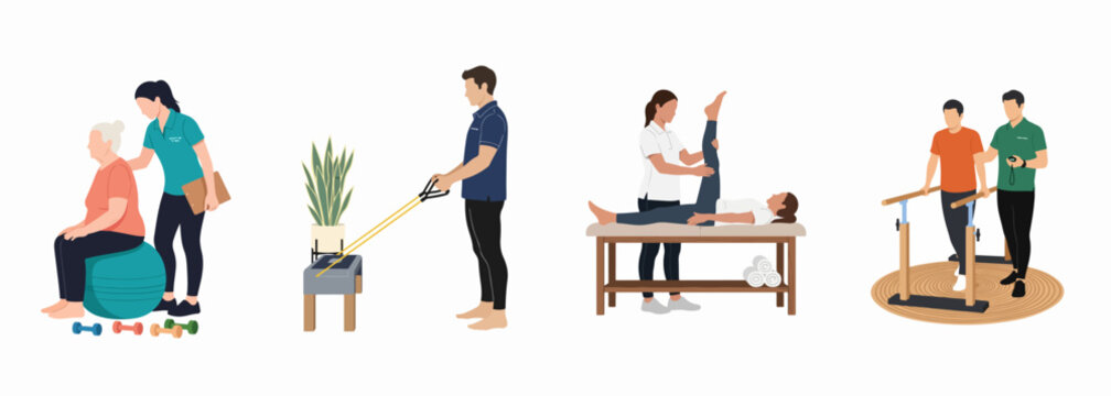 Flat vector illustration showing different physical therapy and rehabilitation sessions, including senior care, resistance training, leg stretching, and gait training with parallel bars.