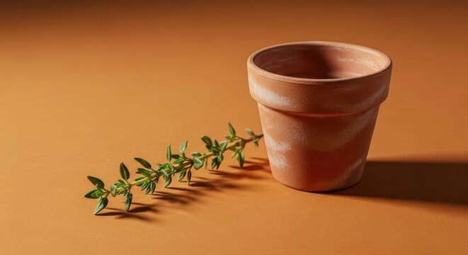 Small terracotta pot with green plant.