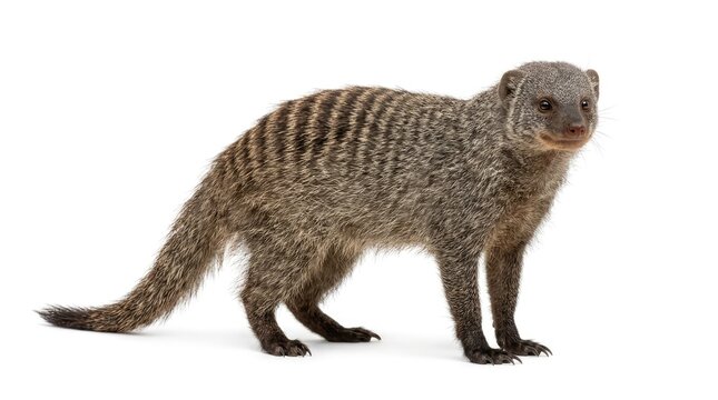 A banded mongoose stands on a white background, its striped fur visible and its gaze directed forward