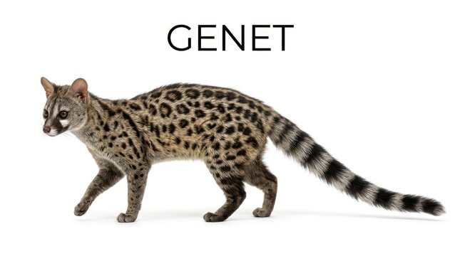 A genet cat, with its distinctive spotted coat and ringed tail, walks gracefully across a clean white background
