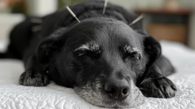 Close-up of a black dog receiving acupuncture therapy lying relaxed on a white bed indoors with needles placed on head for holistic healing treatment