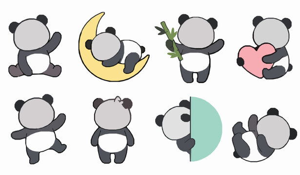 Cute Baby Panda Sticker Clipart Set with Playful Cartoon Animal Characters Isolated on White Background