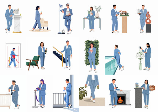 Collection of flat vector illustrations featuring men and women in blue suits in various luxury lifestyle, business, and event hospitality scenarios.