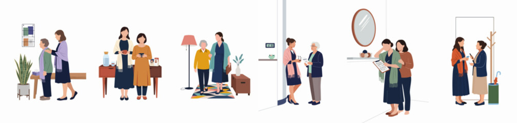 Fototapeta premium Minimalist vector illustration collection depicting social interactions, caregiving, and daily life activities between women of different generations.