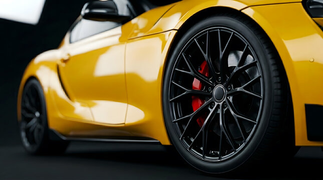 Close-up of a multi-spoke matte black alloy wheel on a yellow sports car with red brake calipers