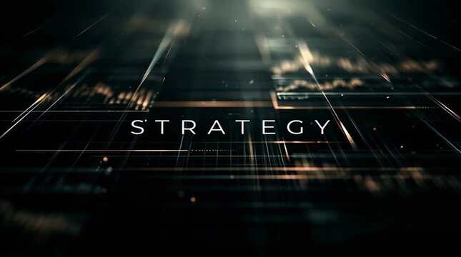 A futuristic data visualization environment filled with floating charts, glowing lines, and smooth kinetic motion. Central typography reading &ldquo;STRATEGY&rdquo; pulses subtly with energy.