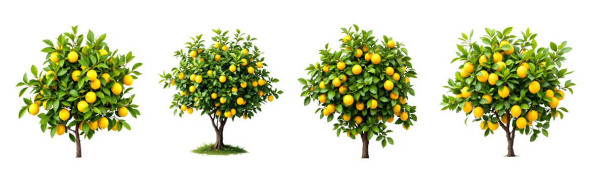 A small lemon tree with bright green leaves and numerous yellow lemons is isolated on transparent background