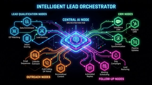Intelligent lead orchestrator ai workflow diagram featuring centralized automation hub with data enrichment crm integration and multi channel sales outreach strategy visualization