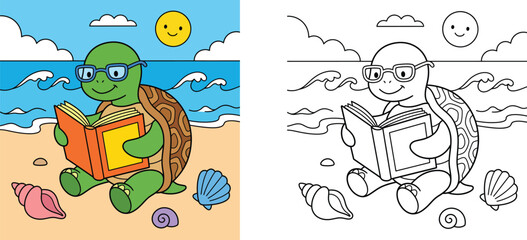 Cute turtle wearing glasses reading a book on the beach vector illustration and coloring book page for kids, summer activity sheet template
