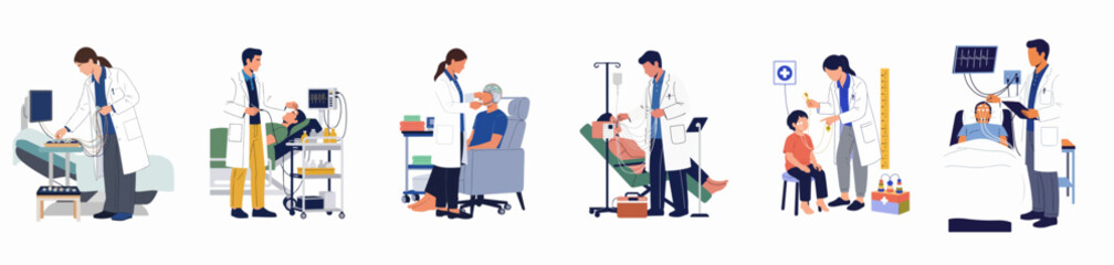 Obraz premium Vector illustration set showing medical professionals performing EEG brain monitoring and neurological diagnostic tests on adult and child patients in a clinic.