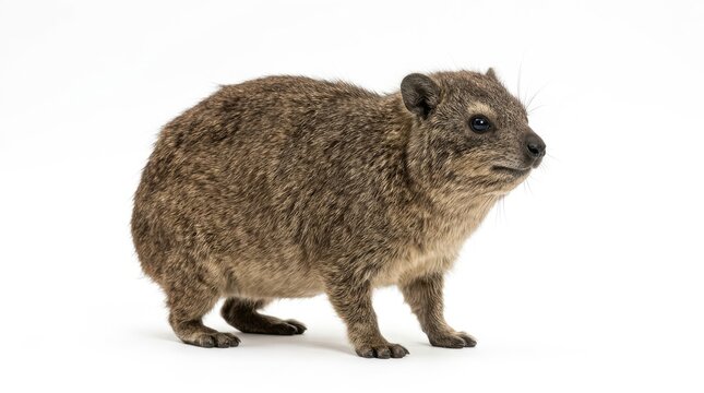 A cute hyrax with fluffy brown fur stands on a white background, looking to the right.