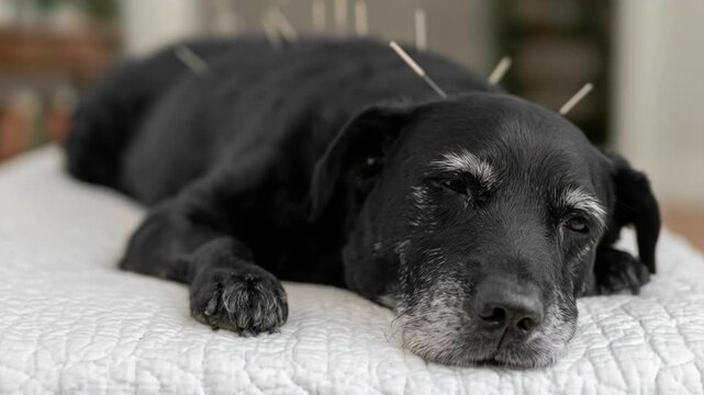 Black dog resting on white quilted bed while receiving acupuncture therapy for relaxation and health treatment in calming indoor environment