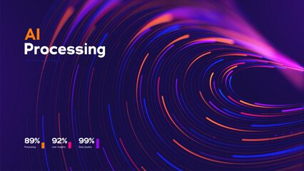 Naklejka premium AI Processing Abstract Background With Glowing Data Flow, Neural Network And Digital Technology Waves In Purple Neon Colors. Advanced AI Solutions Big Data Analytics. AI Systems. Vector Illustration.