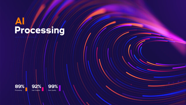 AI Processing Abstract Background With Glowing Data Flow, Neural Network And Digital Technology Waves In Purple Neon Colors. Advanced AI Solutions Big Data Analytics. AI Systems. Vector Illustration.