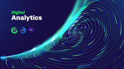 Obraz premium Financial Technology Concept With Neon Light Waves, Big Data Visualization And High Speed Digital Transactions Across A Futuristic Network. Financial Technology Solutions. Vector Illustration.
